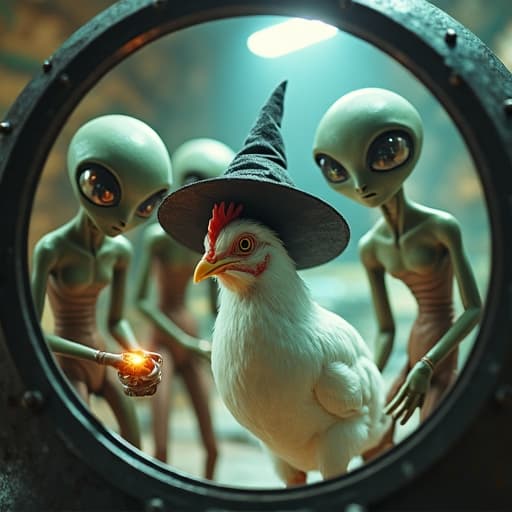 los extraterrestres empiezan a examinar a la gallina