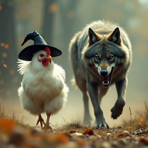 But the wolf had something else in mind. He was trying to eat the hen, and she took off running.