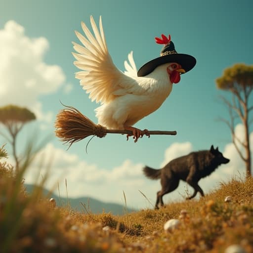 E così per fuggire chiama la sua scopa, che la porta in salvo dal lupo.